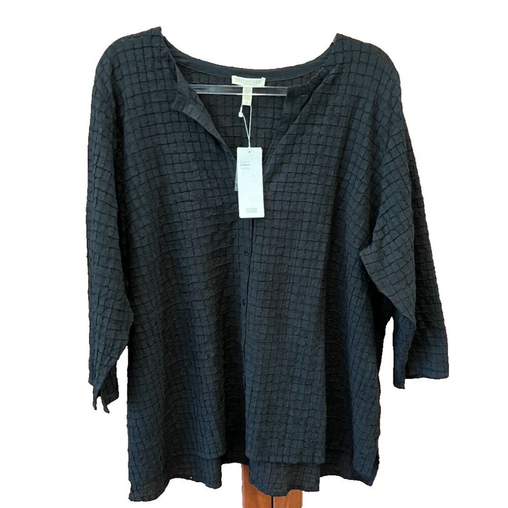 Eileen Fisher NEW Round Neck Organic Cotton Voil Box Top Textured Black Size 1X